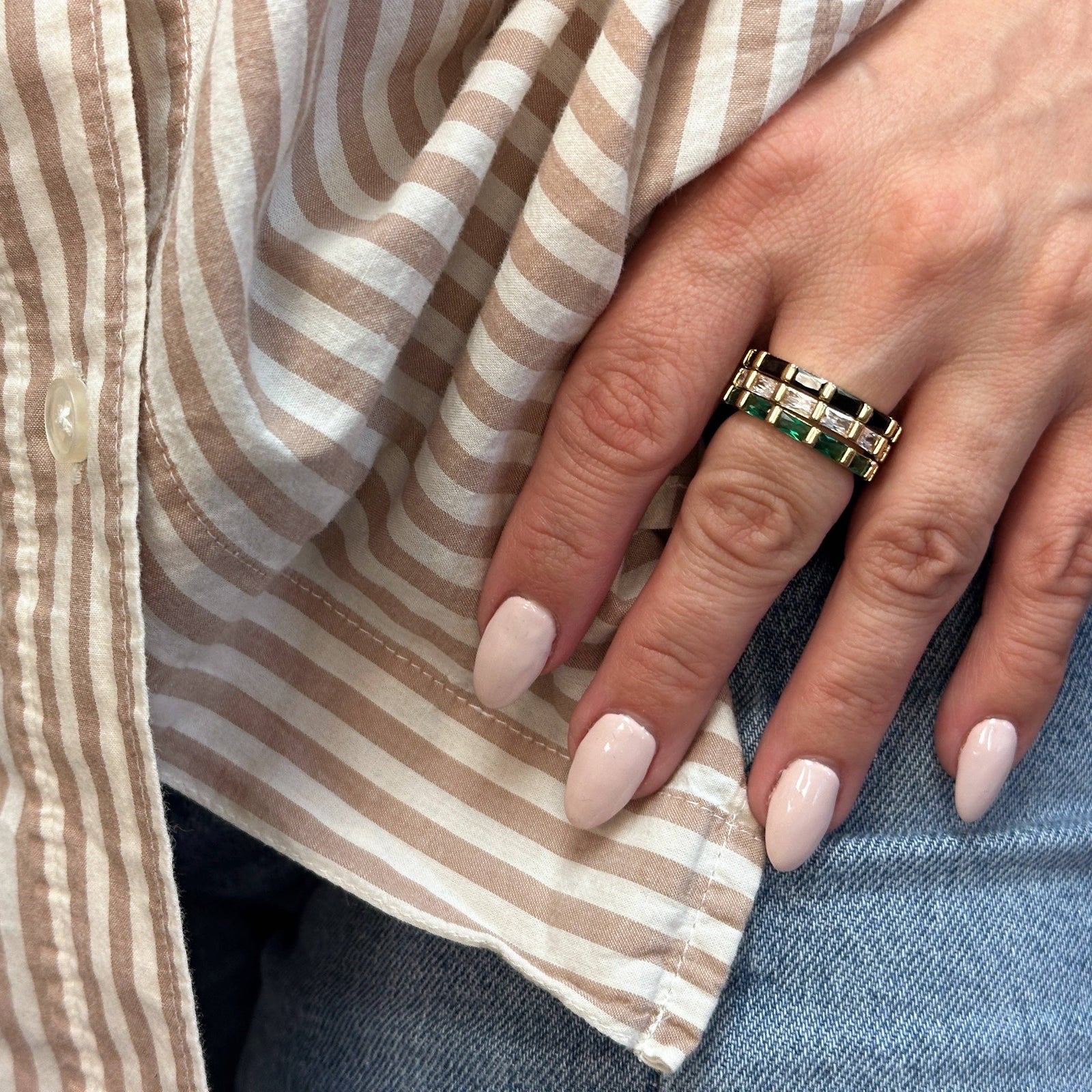 18k Gold Filled Baguette CZ Band Ring: Emerald