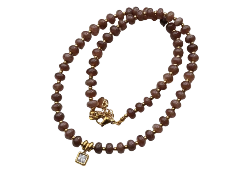 Coffee Stone Rondelle & CZ Pendant Necklace