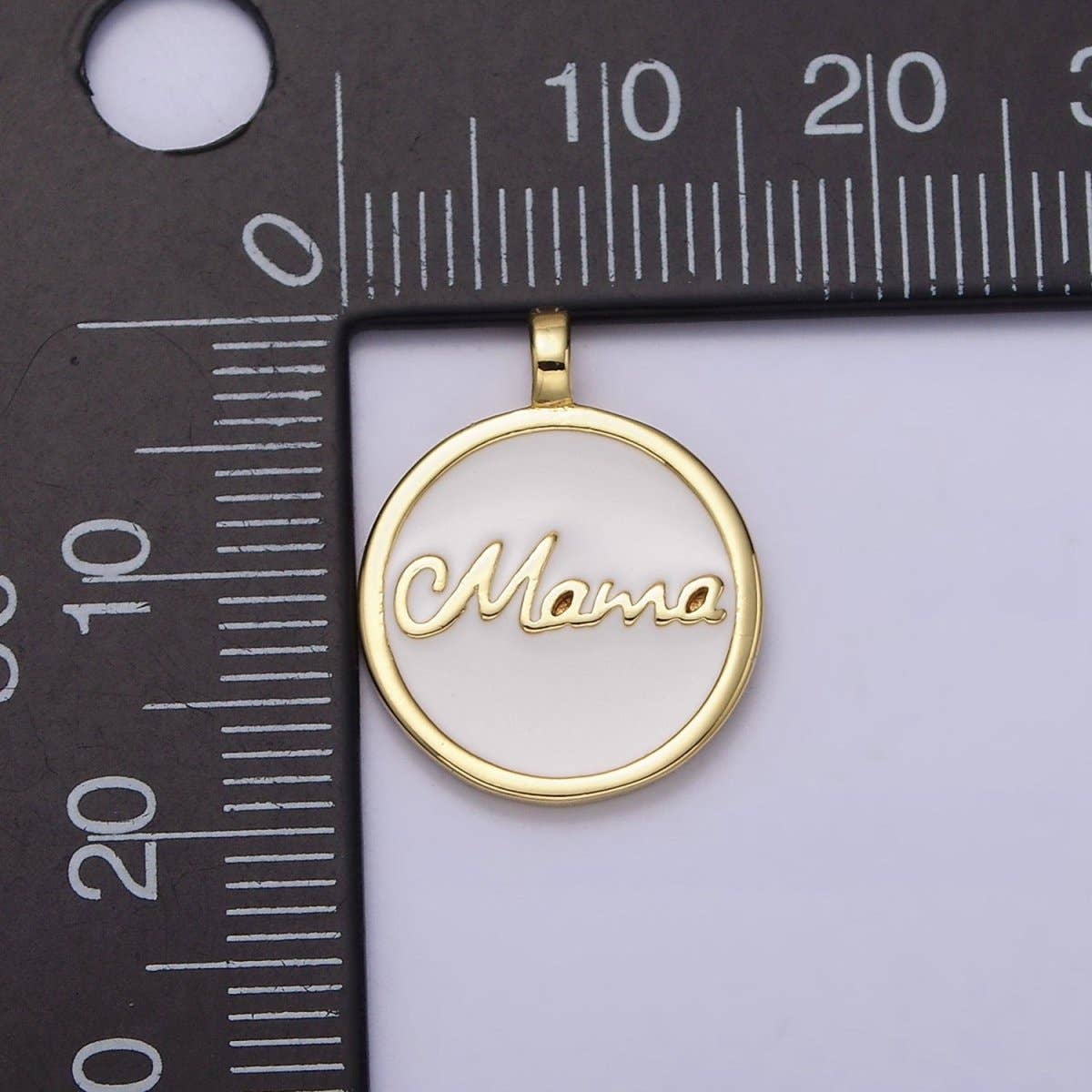 24K Gold Filled "Mama" Script White Enamel Round Medallion Charm
