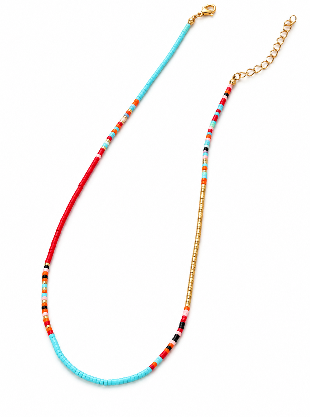 Muti-Colored Handmade Beaded Necklace - Teal &amp; Gold