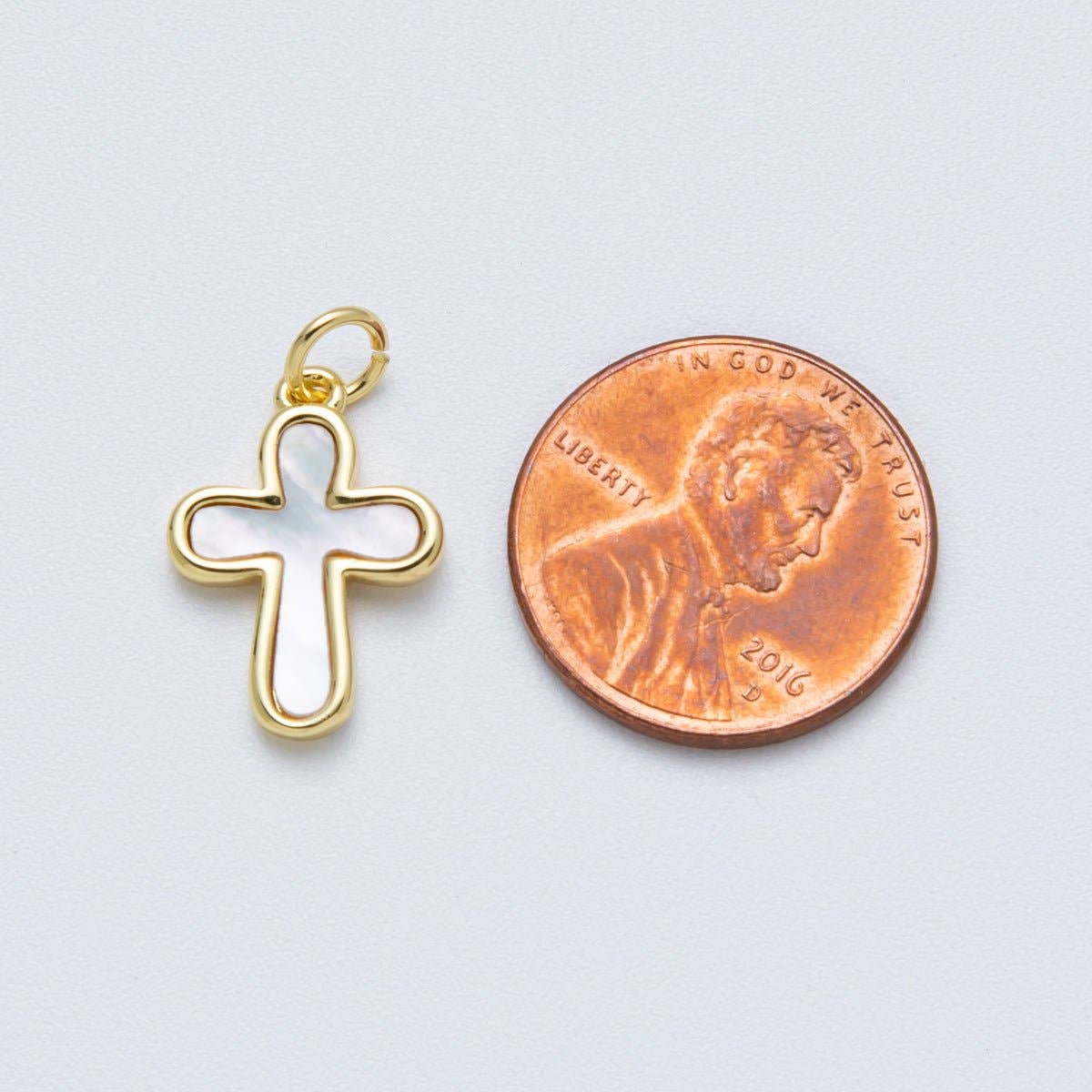 14K Gold Filled 17.2mm Shell Pearl Minimalist Religious Cross Charm
