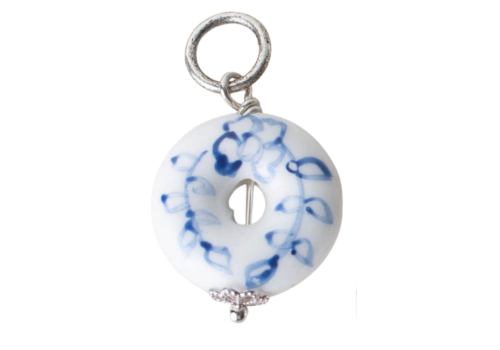 Chinoiserie Puffy Porcelain Toile Ceramic Bead Charms: Antique Silver