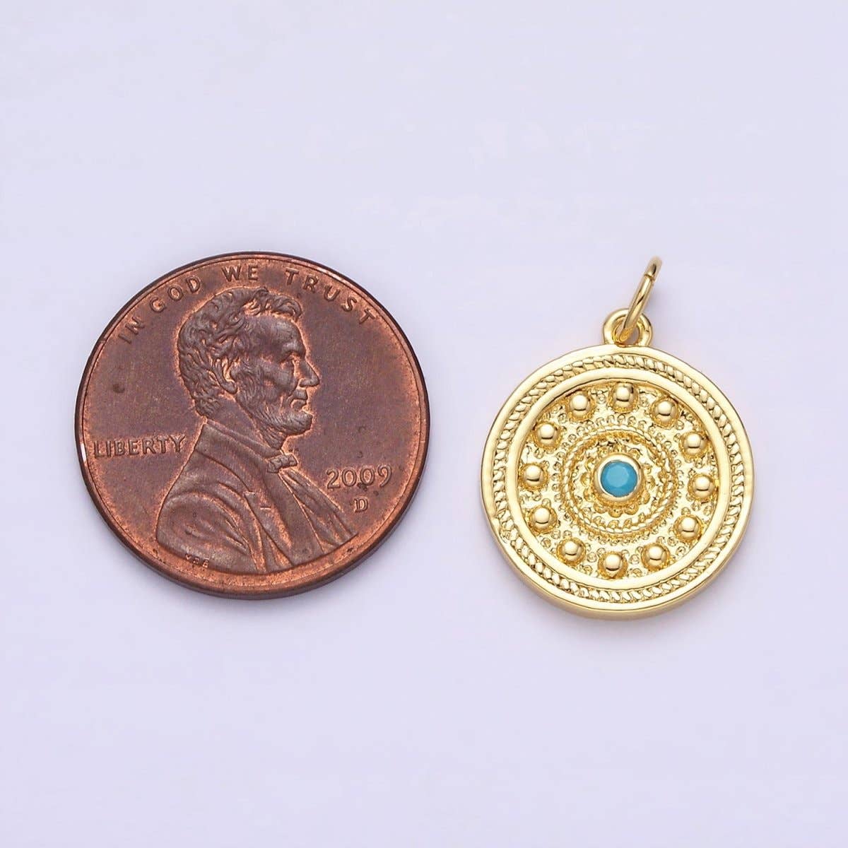 14K Gold Filled Turquoise Beaded Bubble Hammered Braided Round Charm