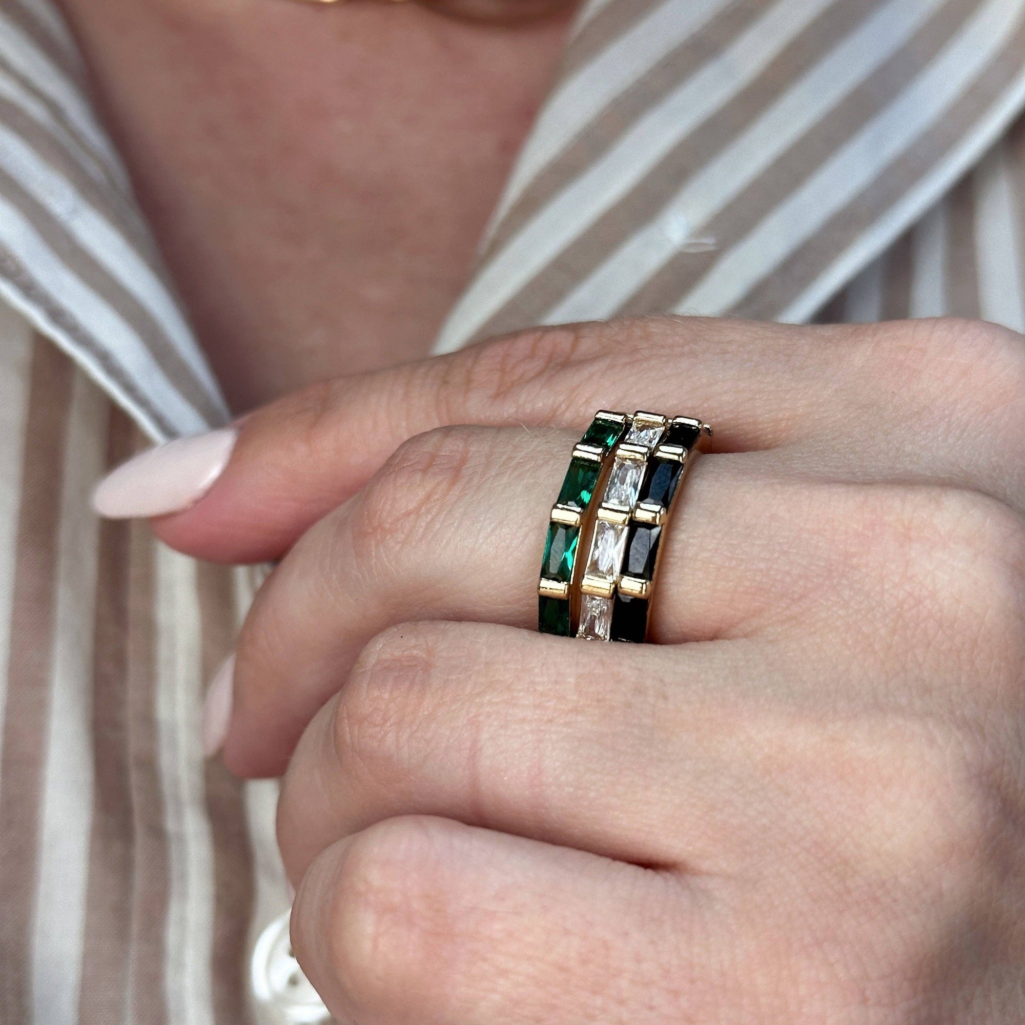 18k Gold Filled Baguette CZ Band Ring: Emerald