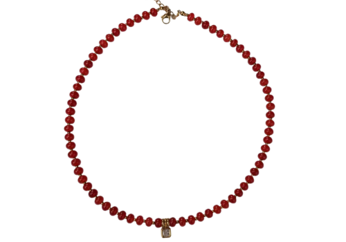 Ruby Red Stone Rondelle &amp; CZ Pendant Necklace