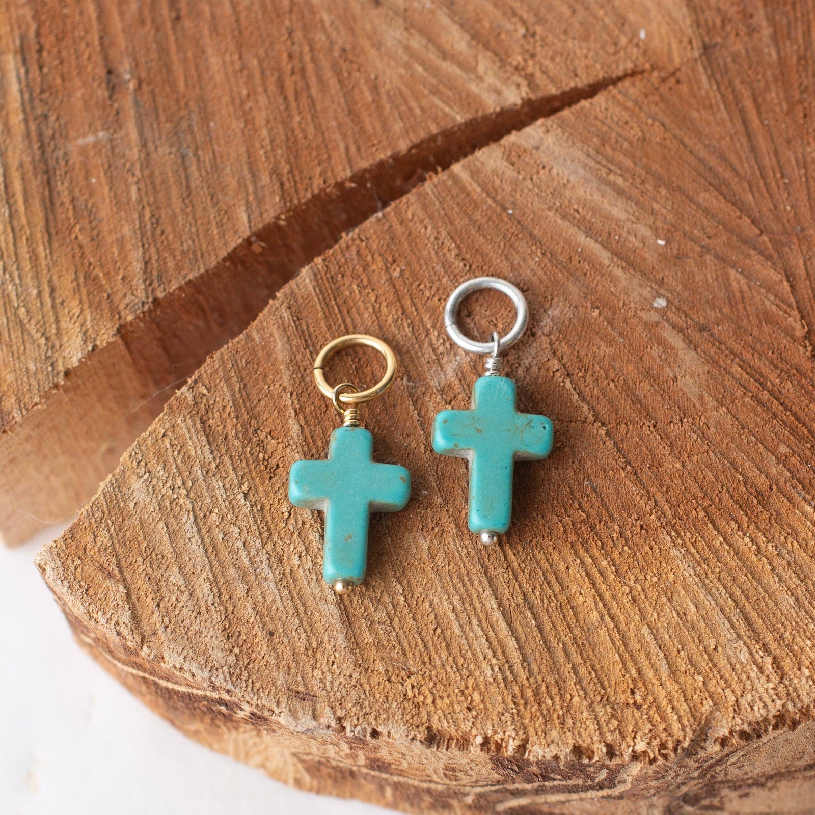 Howlite Stone Cross Bead Charm: Antique Silver