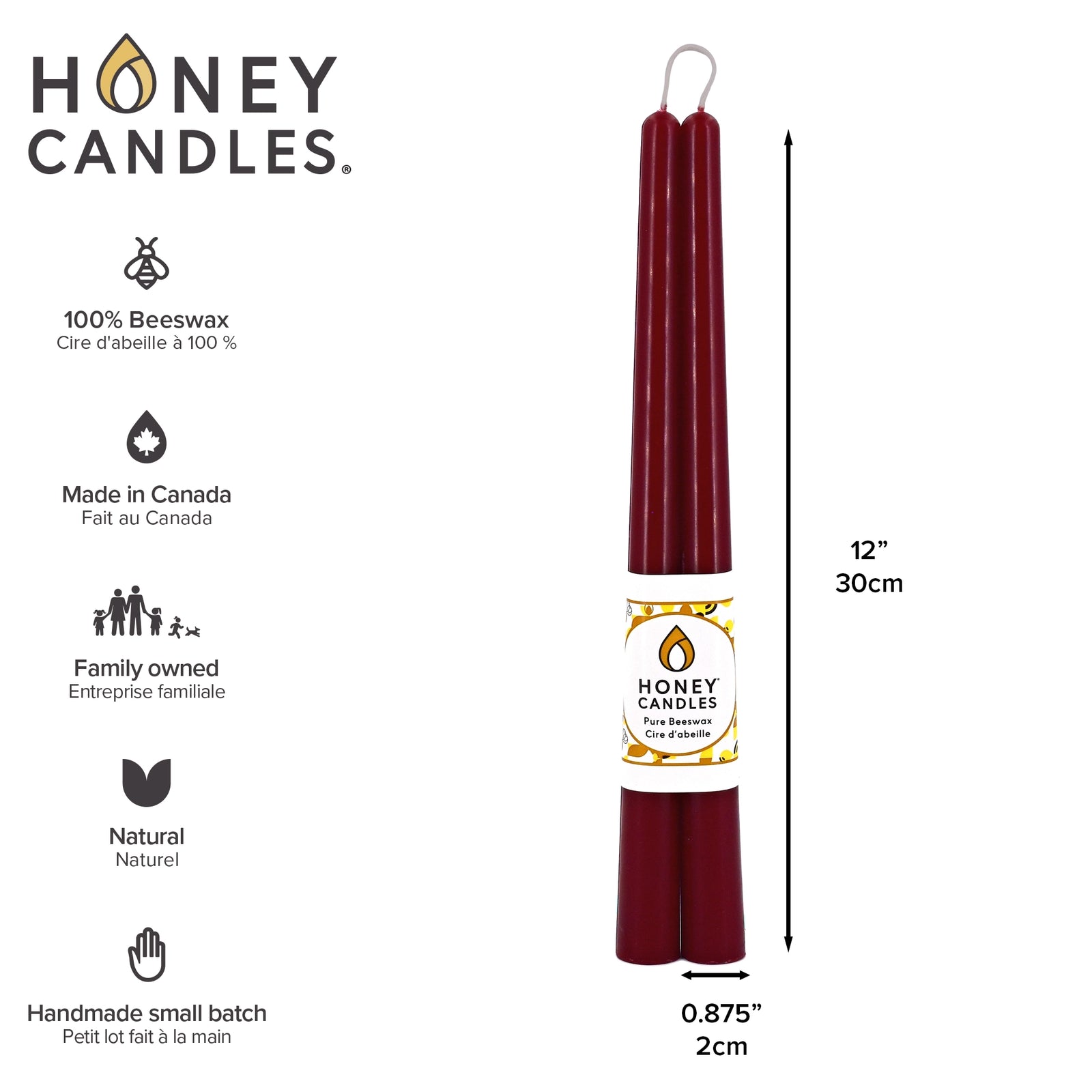 12" Beeswax Candlesticks (pair)  - Burgundy