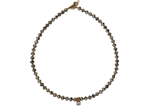 Dalmatian Jasper Rondelle &amp; CZ Pendant Necklace