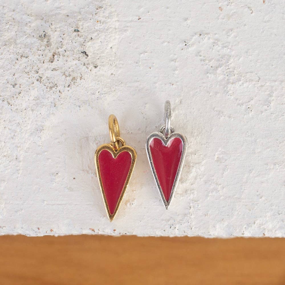 Red Berry Heart Charm: Antique Silver