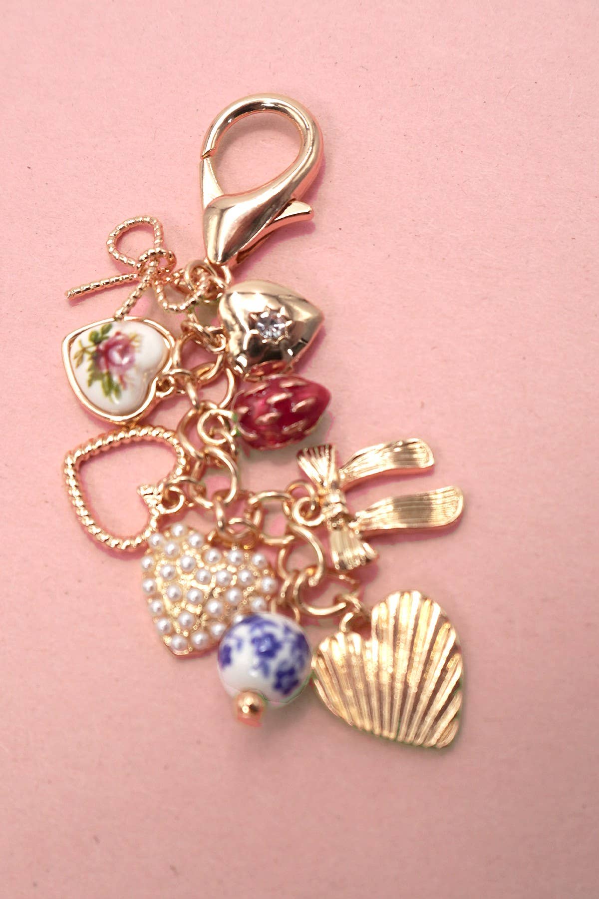 PORCELAIN BOWS HEARTS PEARL STRAWBERRY BAG CHARM | 80K008: Gold