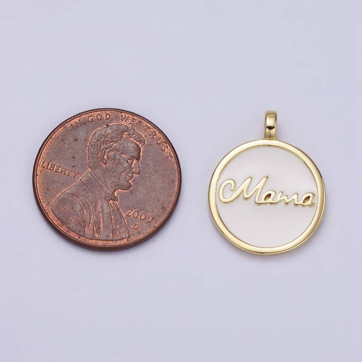 24K Gold Filled "Mama" Script White Enamel Round Medallion Charm