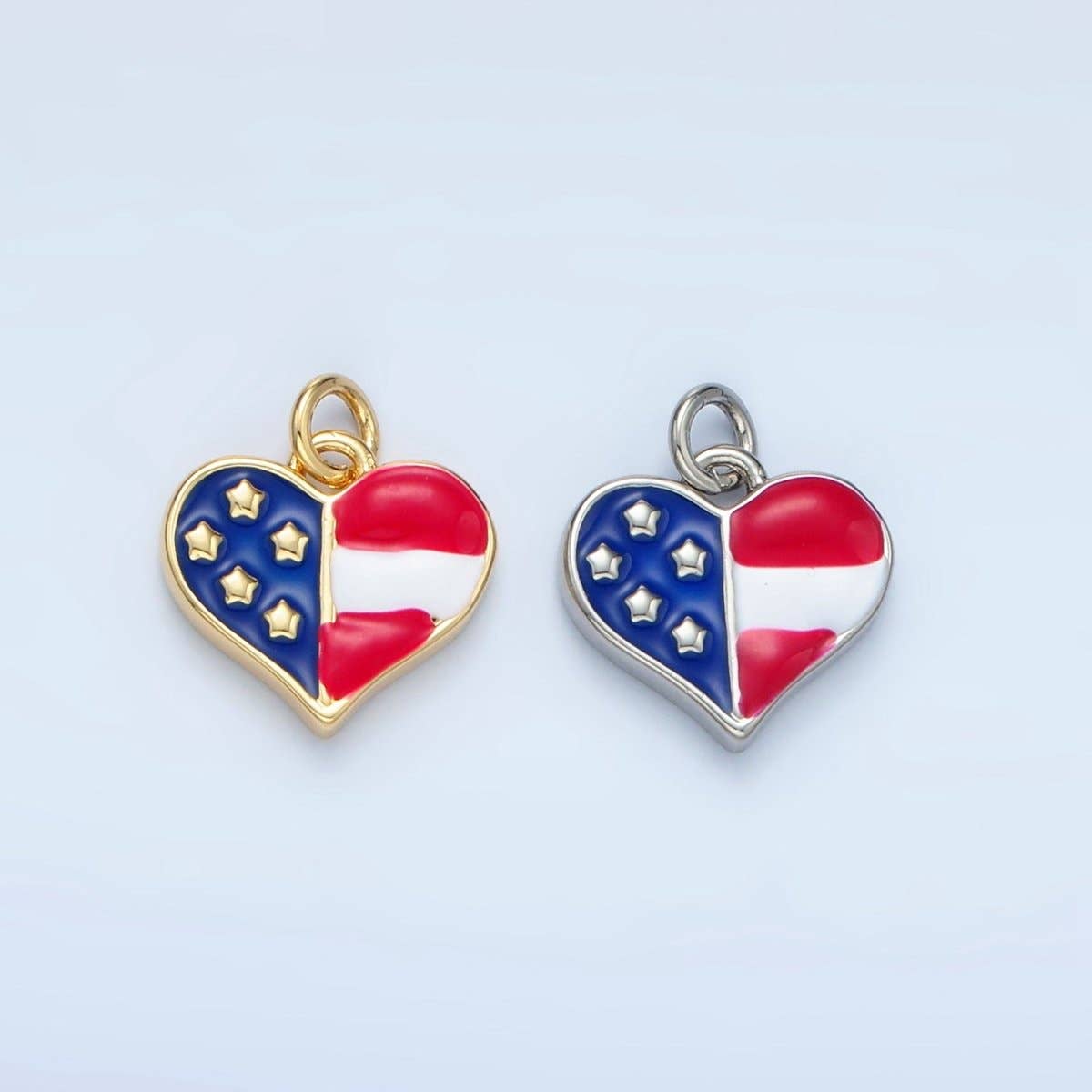 24K Gold Filled 11mm America Flag Enamel Heart Charm in Gold & Silver | N804: Silver