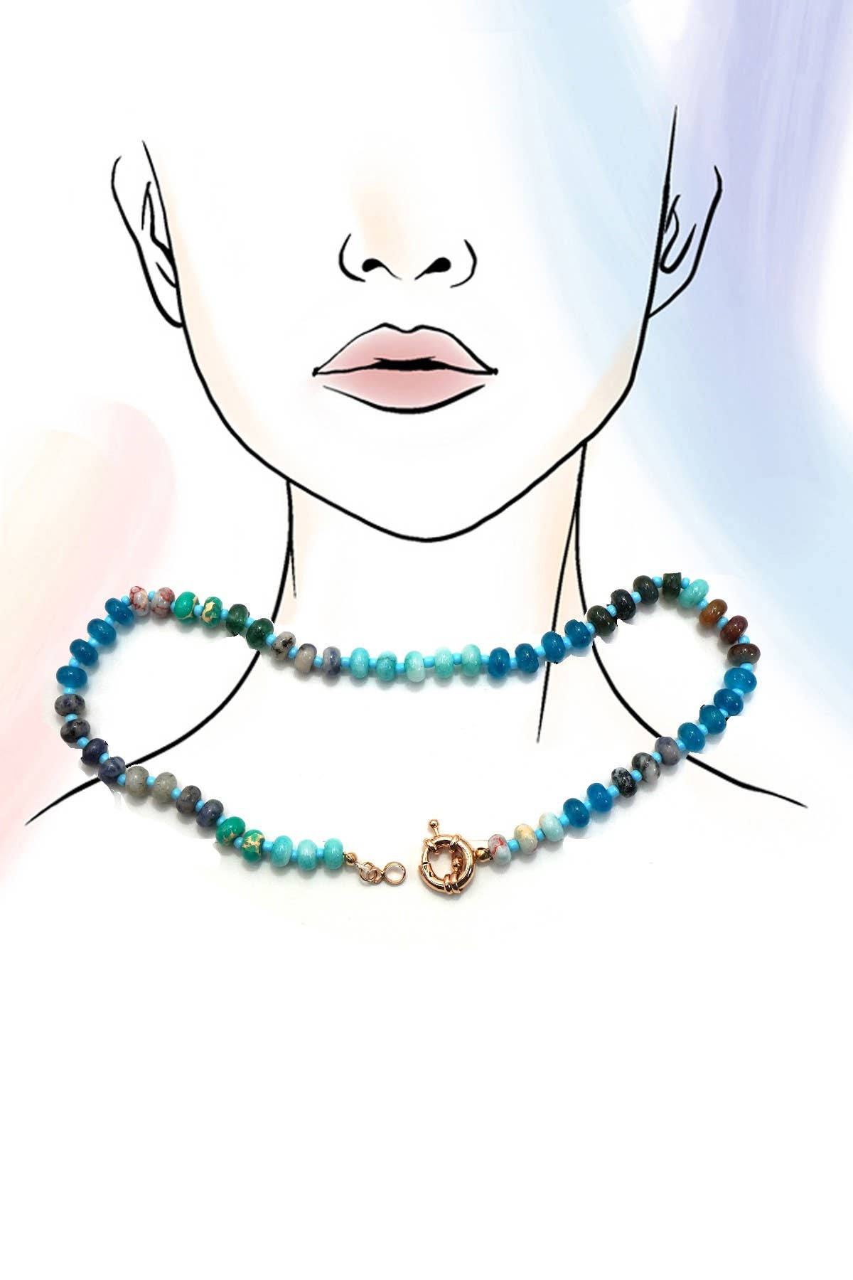 NATURAL STONE CHARM  SPRING CLASP BEADED NECKLACE | 40NK9467: A