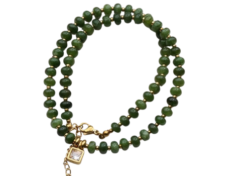 Green Natural Stone Rondelle Bead Necklace with Square CZ Pendant
