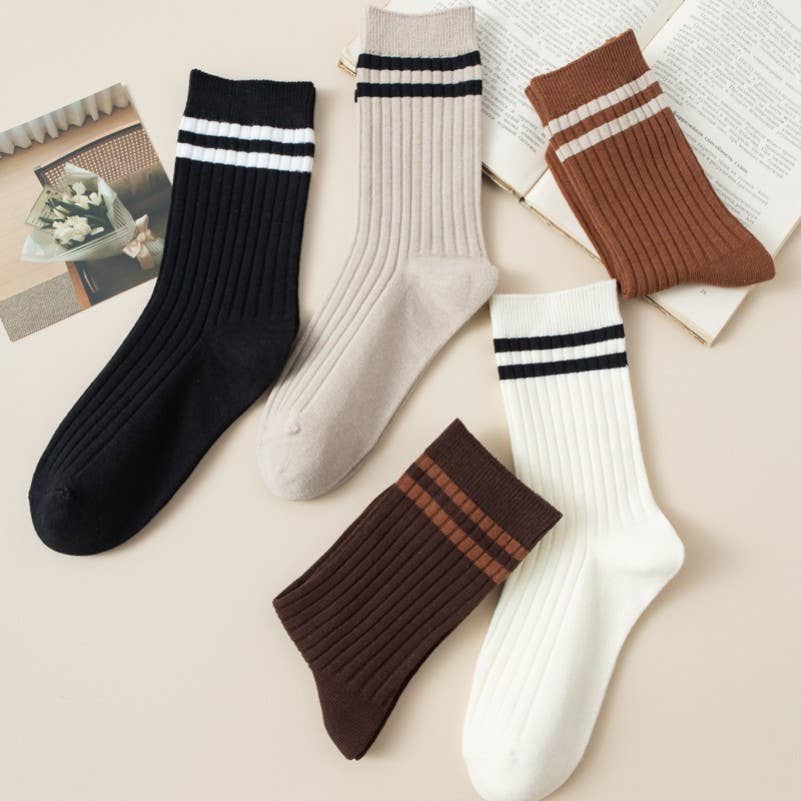WOMAN STRIPE HALF CREW THROWBACK COTTON SOCKS | 40S02076: Black