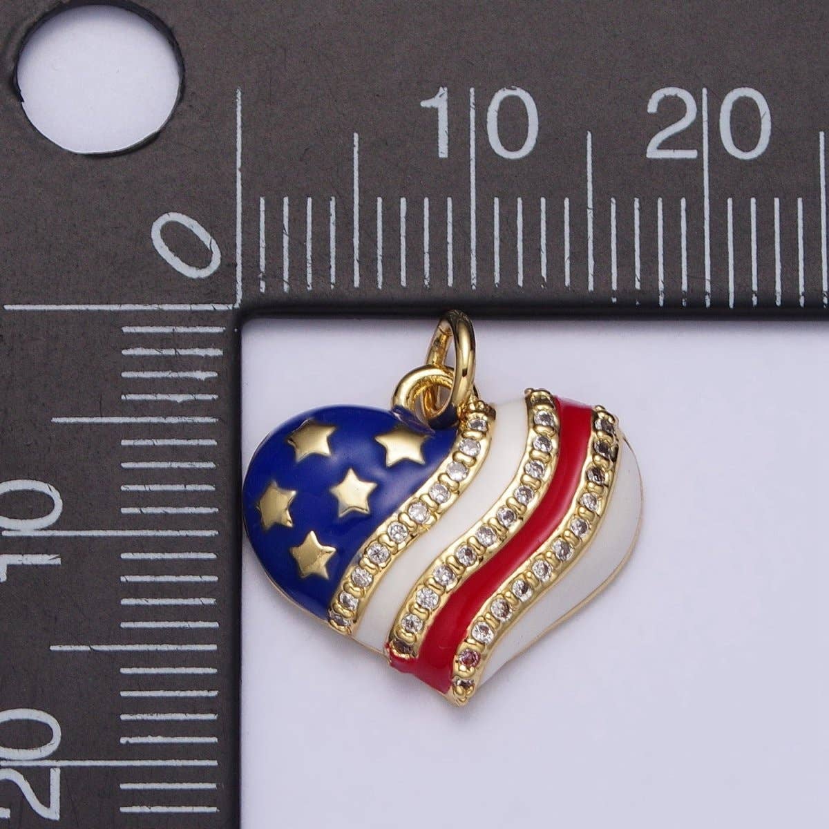 Gold Patriotic American Independence Flag Enamel Micro Paved Heart Charm | AC977