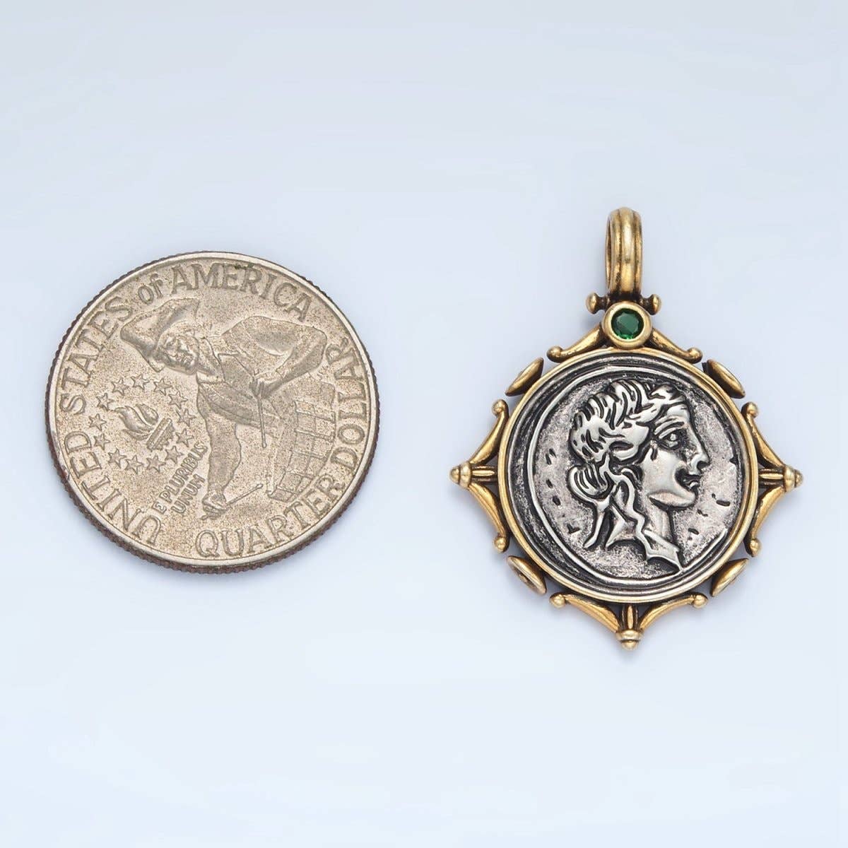 14K Gold Filled Women Portrait Coin Artisan Rhombus Edged Mixed Metal Pendant