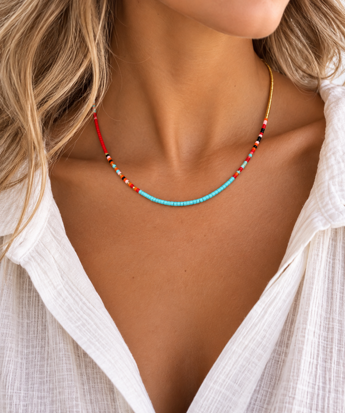 Muti-Colored Handmade Beaded Necklace - Teal & Gold