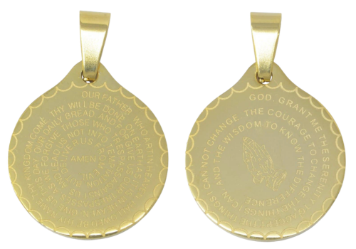 24K Gold Filled Double Sided Serenity &amp; Lord's Prayer Stainless Steel Medallion Pendant - Medium