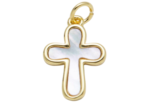 14K Gold Filled 17.2mm Shell Pearl Minimalist Religious Cross Charm