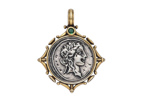 14K Gold Filled Women Portrait Coin Artisan Rhombus Edged Mixed Metal Pendant
