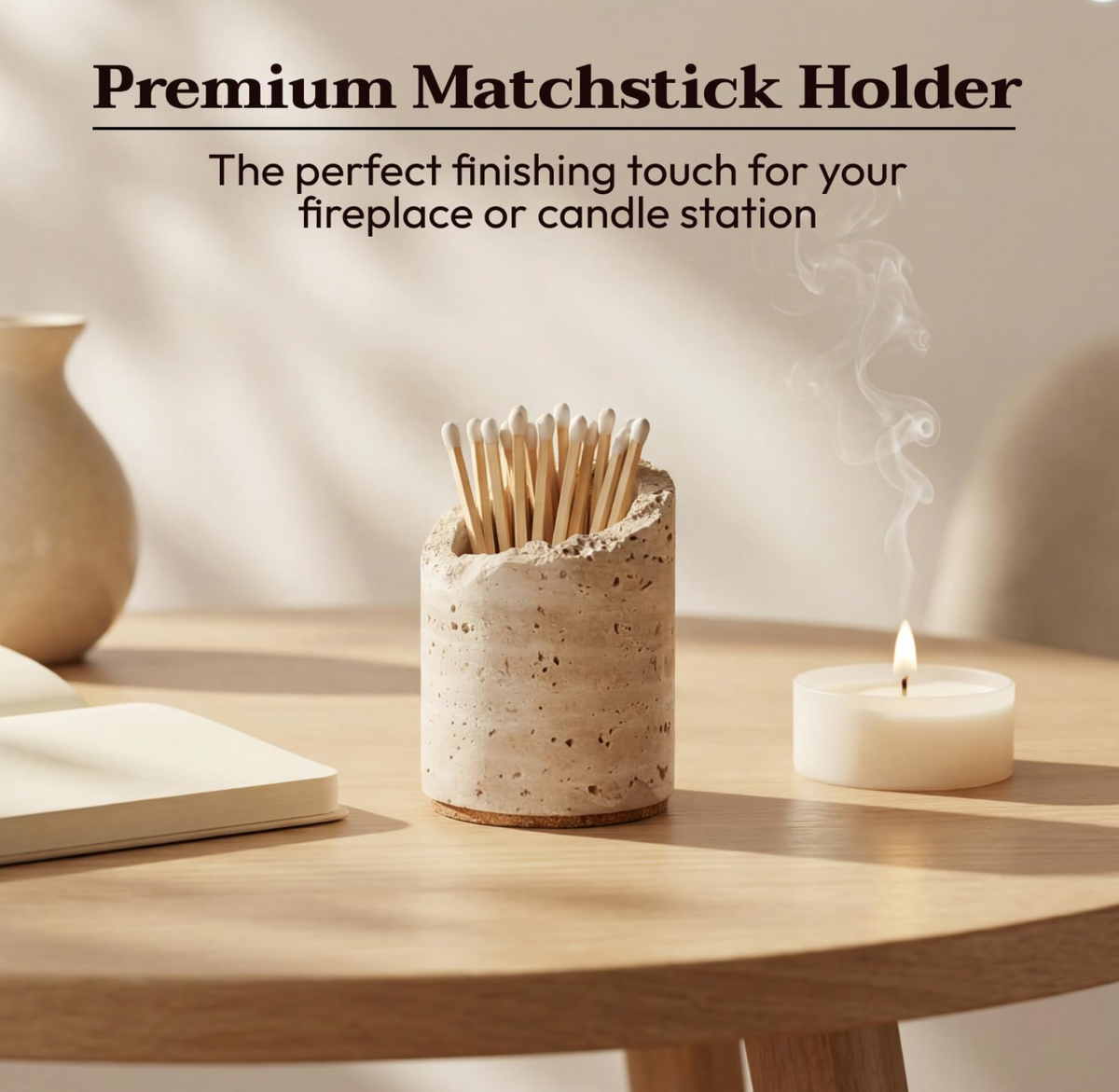 Natural Travertine Match Holder with Striker - Neutral