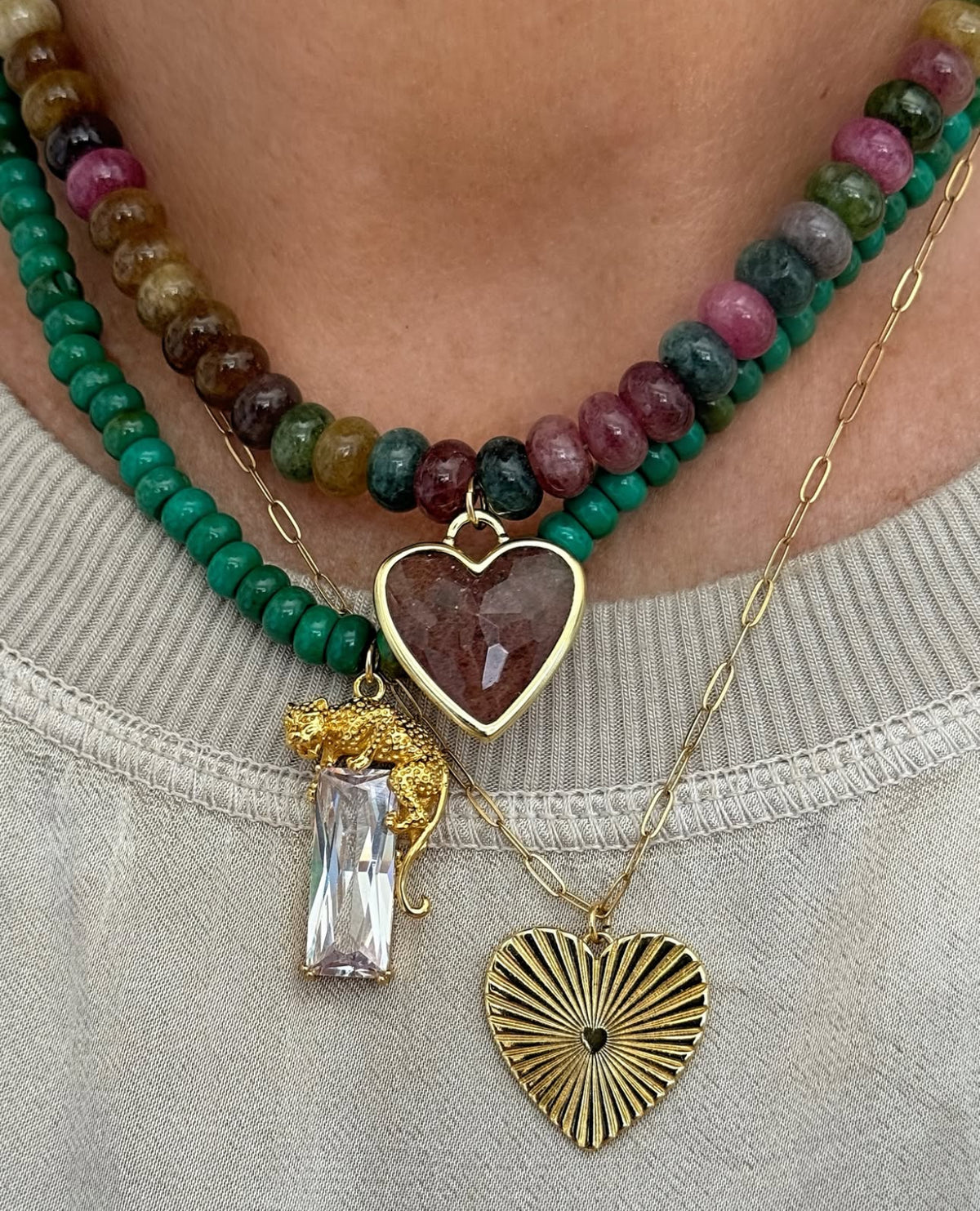 Caia Necklace New Colors Added! : Tourmaline Mix Jade with Red Star Quartz