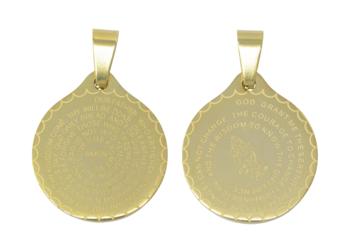 24K Gold Filled Double Sided Serenity &amp; Lord's Prayer Stainless Steel Medallion Pendant - Small