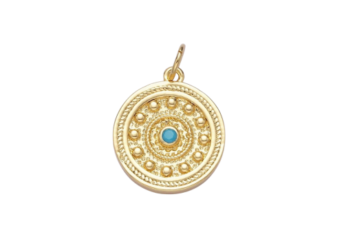 14K Gold Filled Turquoise Beaded Bubble Hammered Braided Round Charm