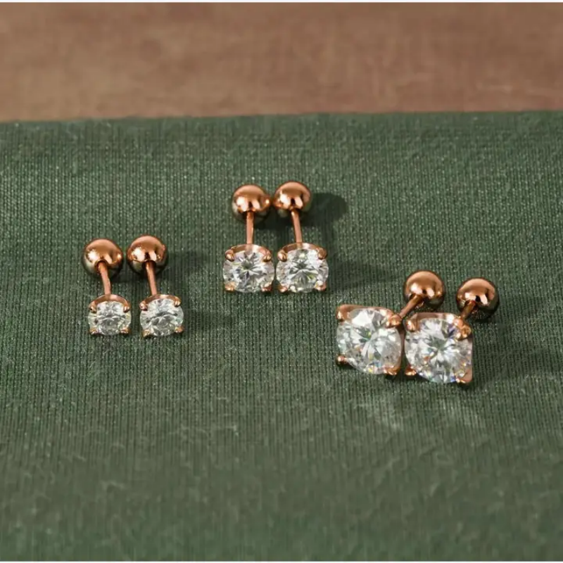 Four-Prong Round Moissanite Earrings in 925 Sterling Silver: Silver / 2.0 ct