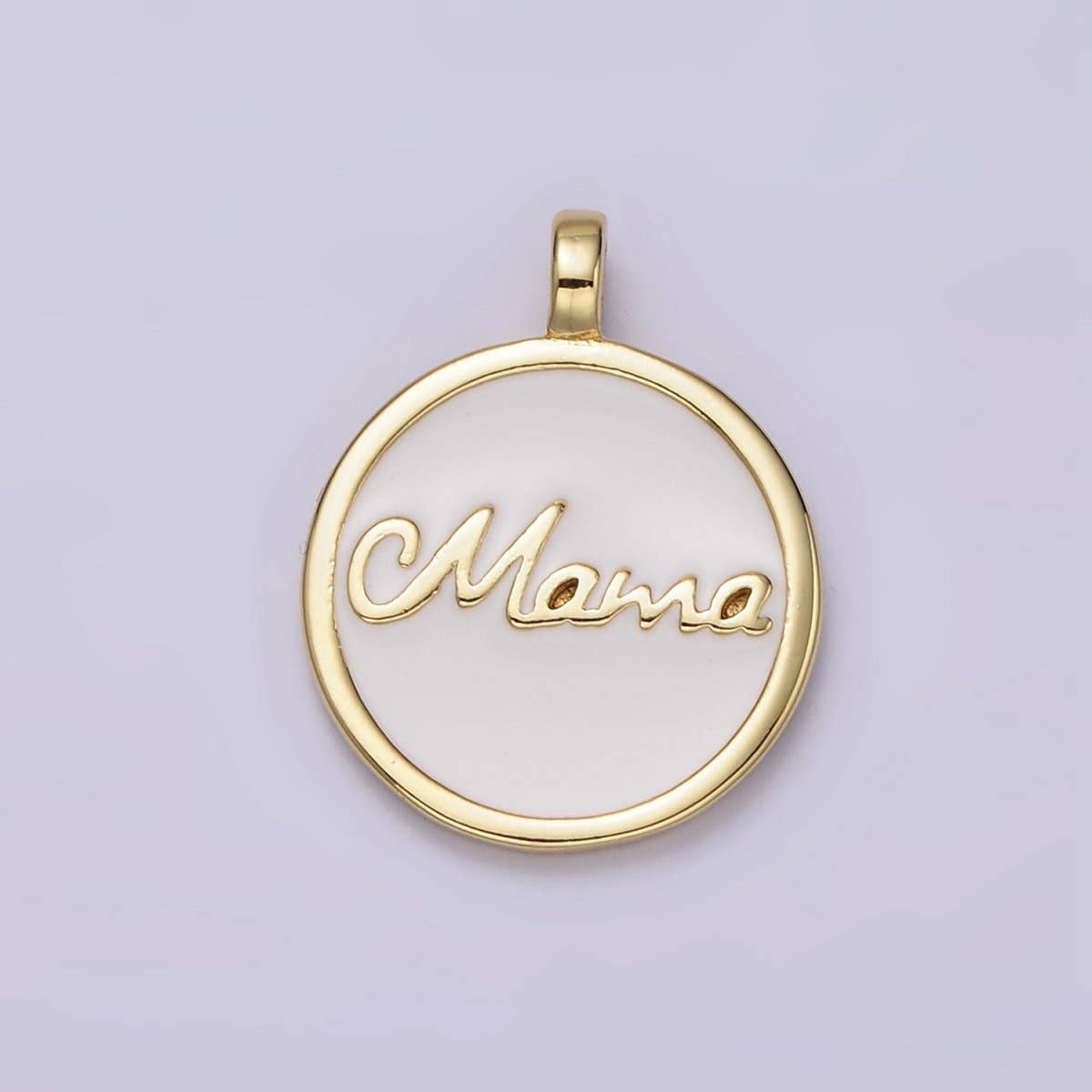 24K Gold Filled "Mama" Script White Enamel Round Medallion Charm