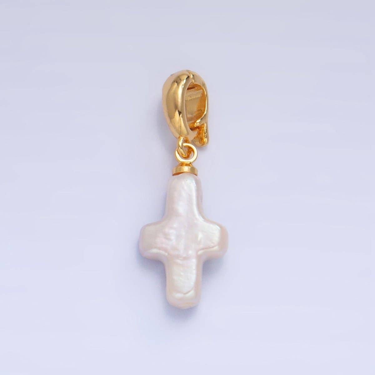 24K Gold Filled Religious Cross Freshwater Pearl Snap Latch Pendant