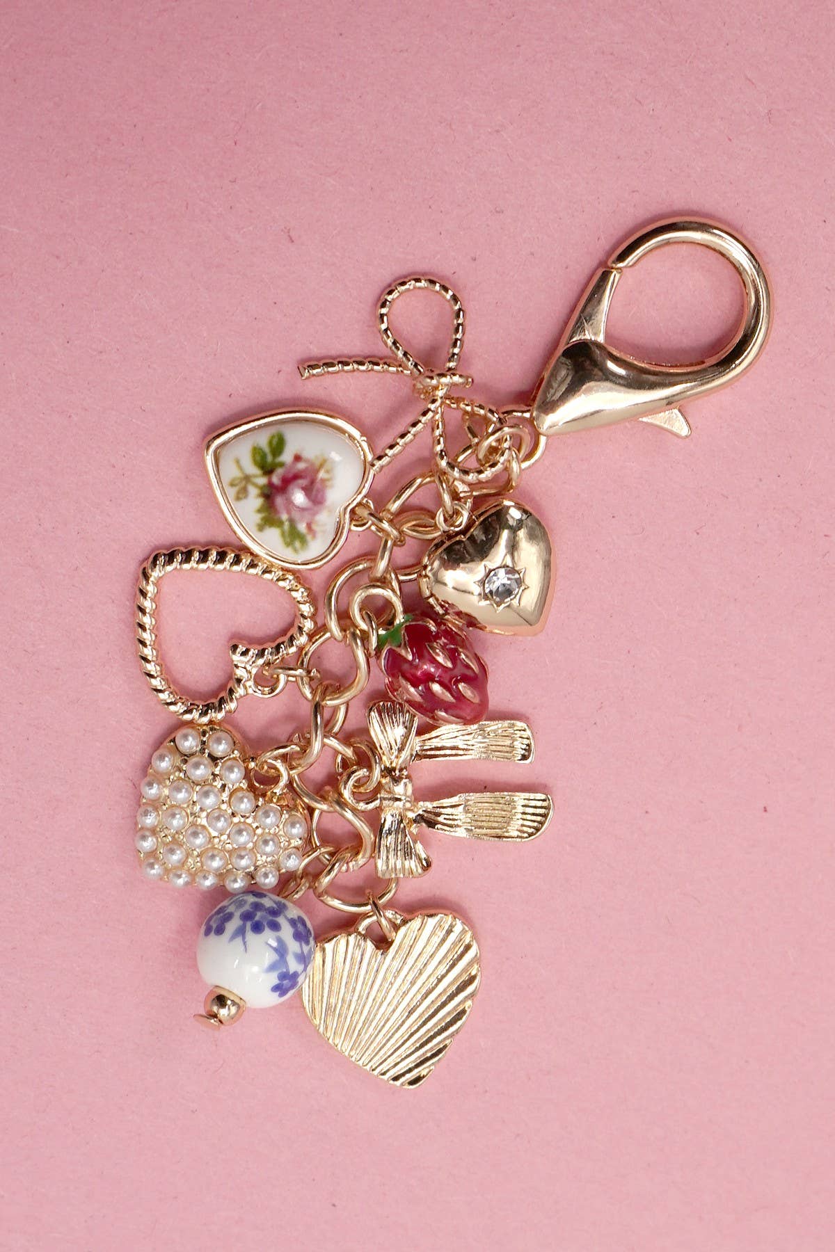 PORCELAIN BOWS HEARTS PEARL STRAWBERRY BAG CHARM | 80K008: Gold
