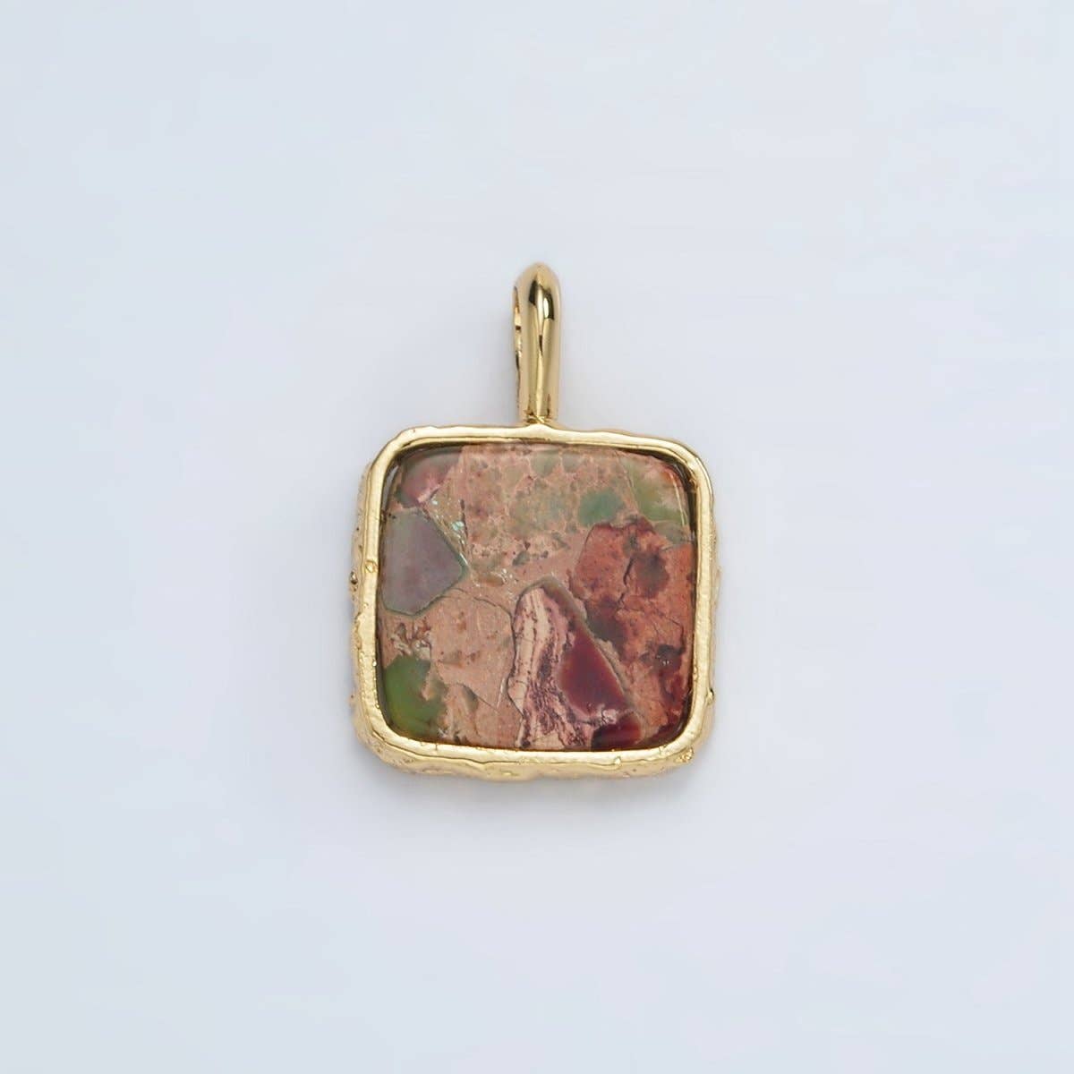 24K Gold Filled Square Natural Gemstone Foil Pendant: Brown Jasper