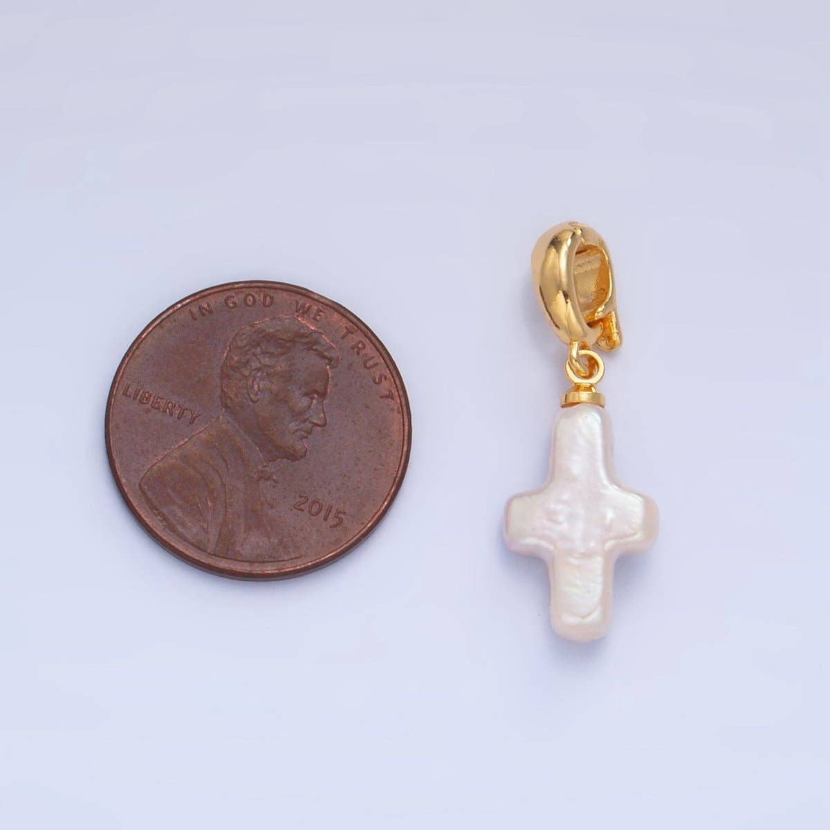 24K Gold Filled Religious Cross Freshwater Pearl Snap Latch Pendant