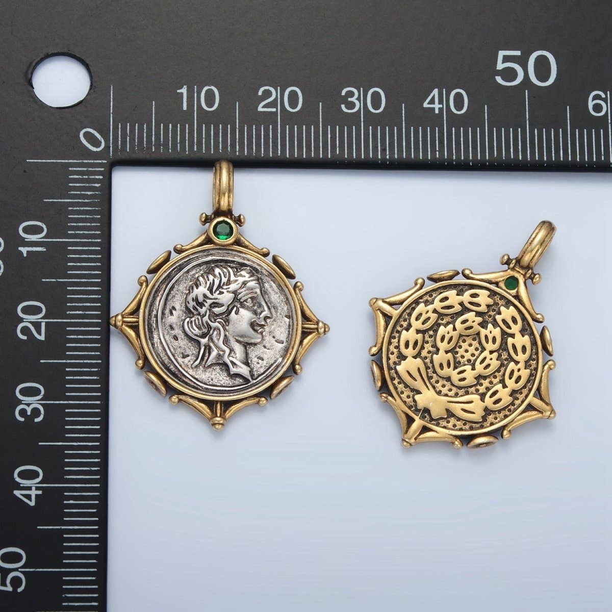 14K Gold Filled Women Portrait Coin Artisan Rhombus Edged Mixed Metal Pendant