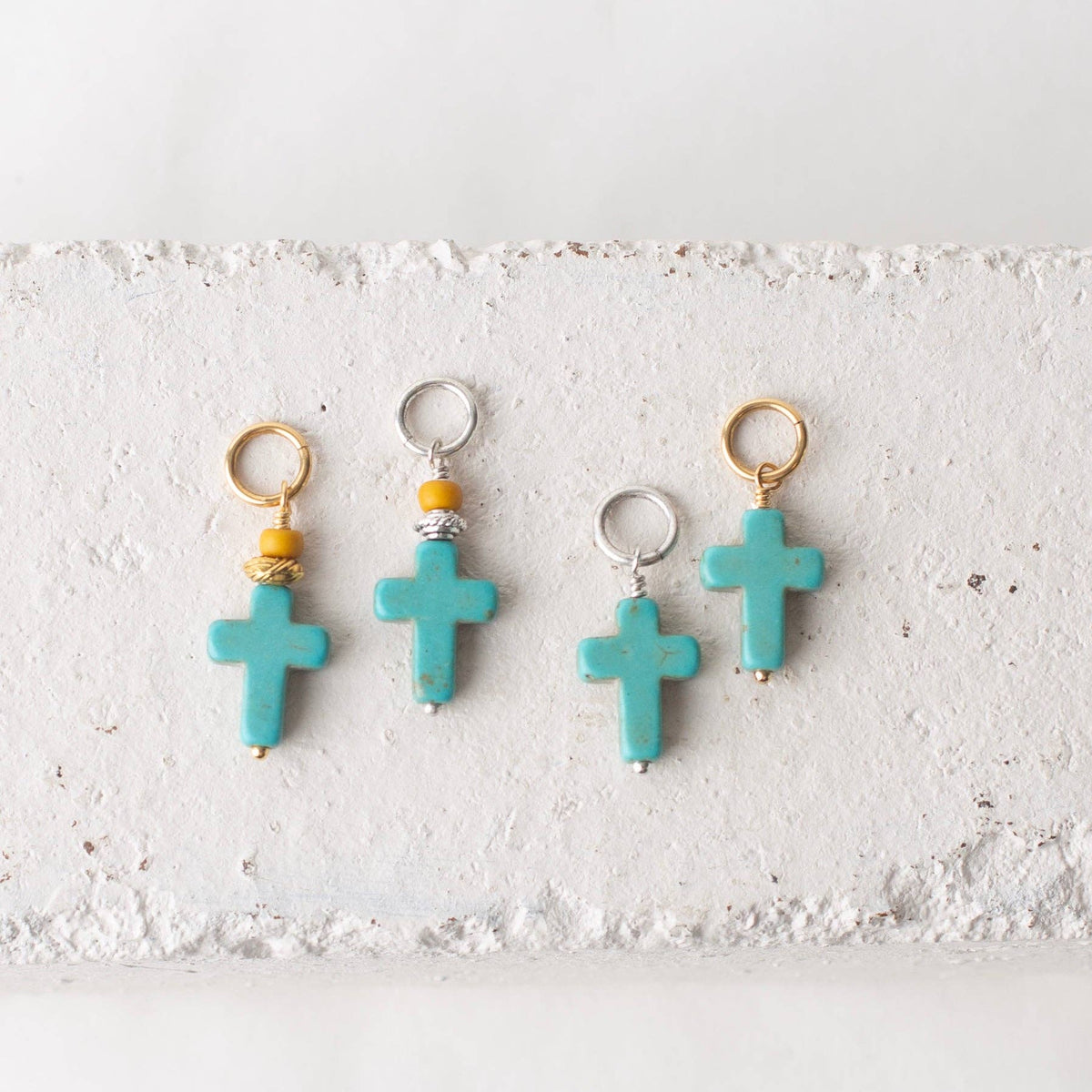 Howlite Stone Cross Bead Charm: Antique Silver