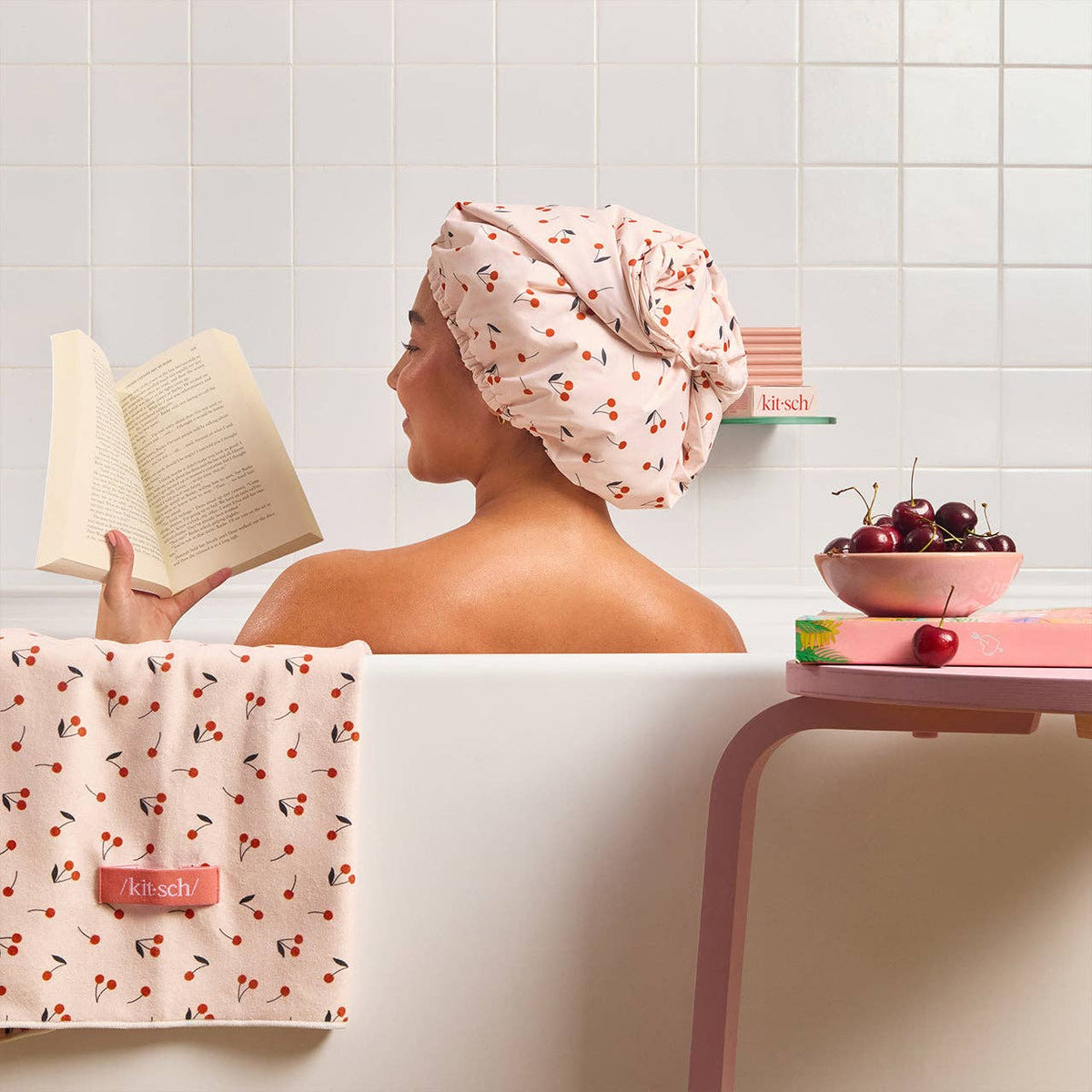 Satin-Lined Flexi Shower Cap - Cherry Print