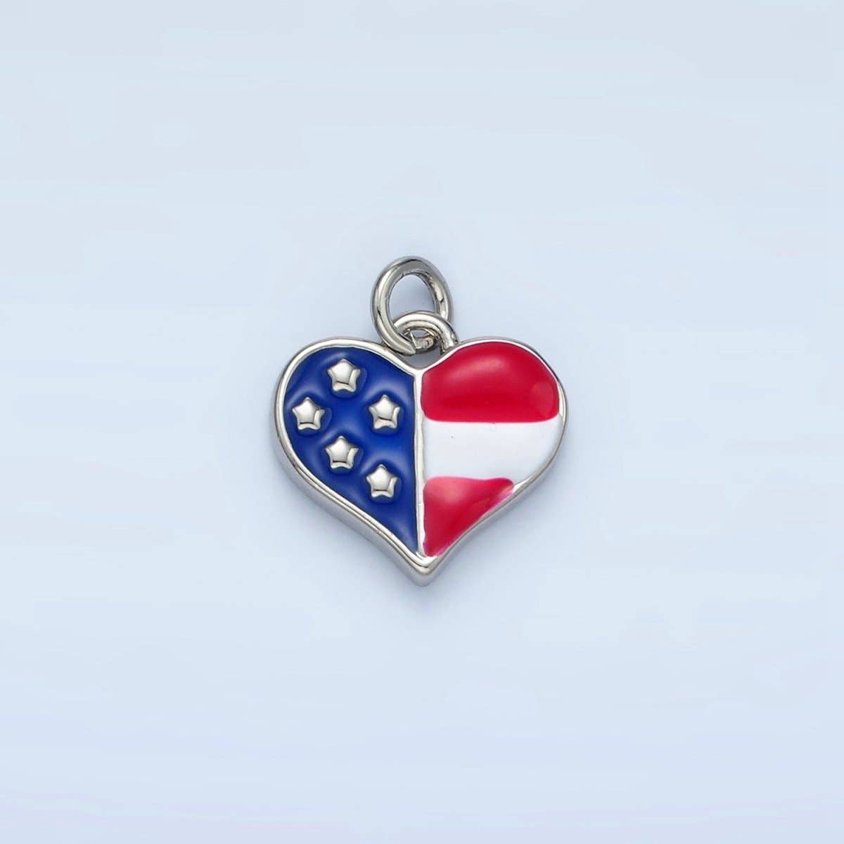 24K Gold Filled 11mm America Flag Enamel Heart Charm in Gold & Silver | N804: Silver