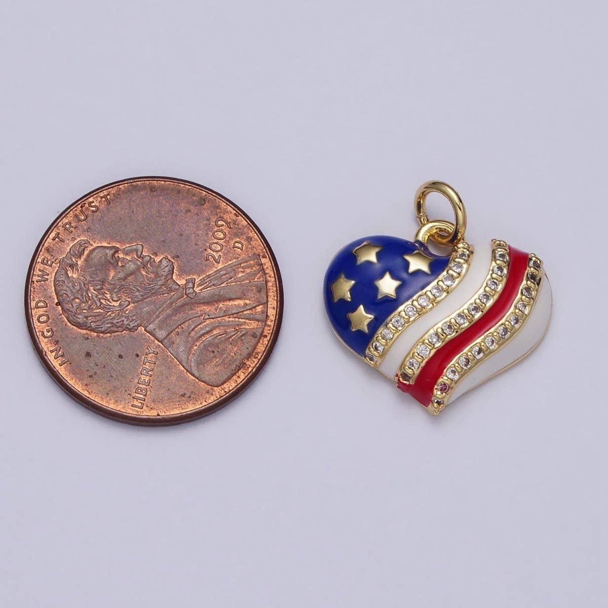Gold Patriotic American Independence Flag Enamel Micro Paved Heart Charm | AC977